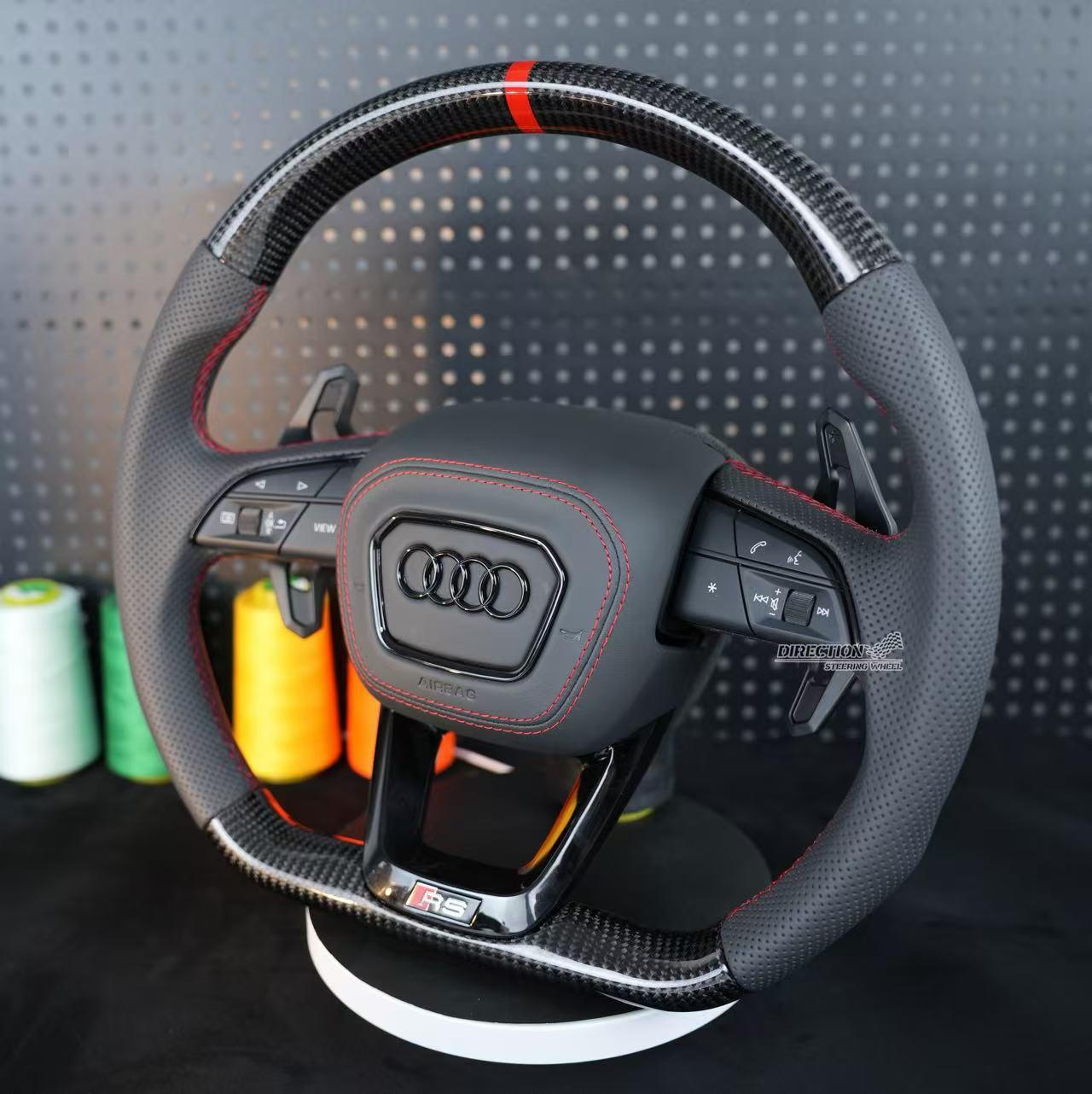 Carbon fiber leather semi perforated multifunctional flat bottomed steering wheel, for Audi Q5 FY Q7
