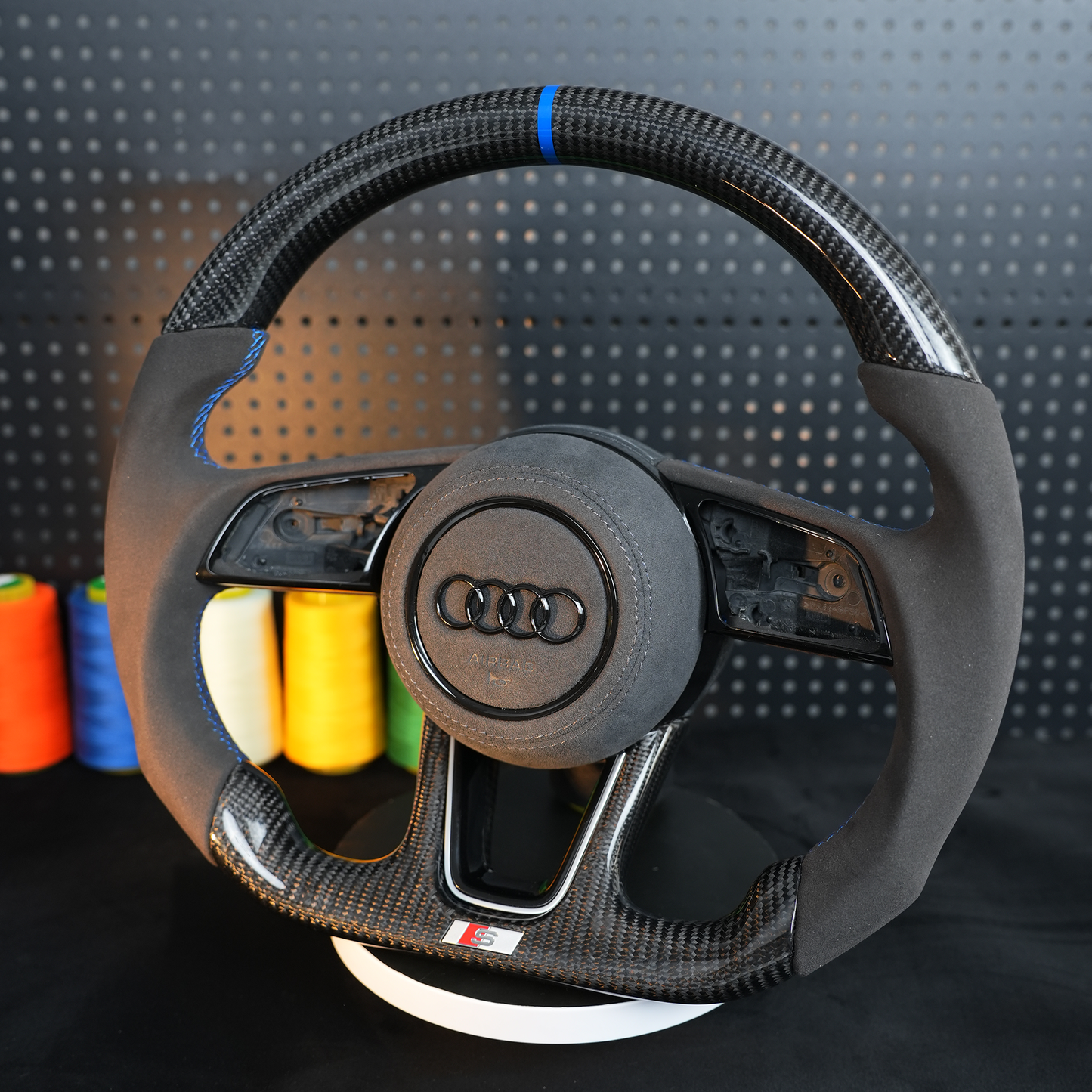 Carbon fiber semi suede leather blue logo steering wheel,for Audi A3 A4 B9 A5