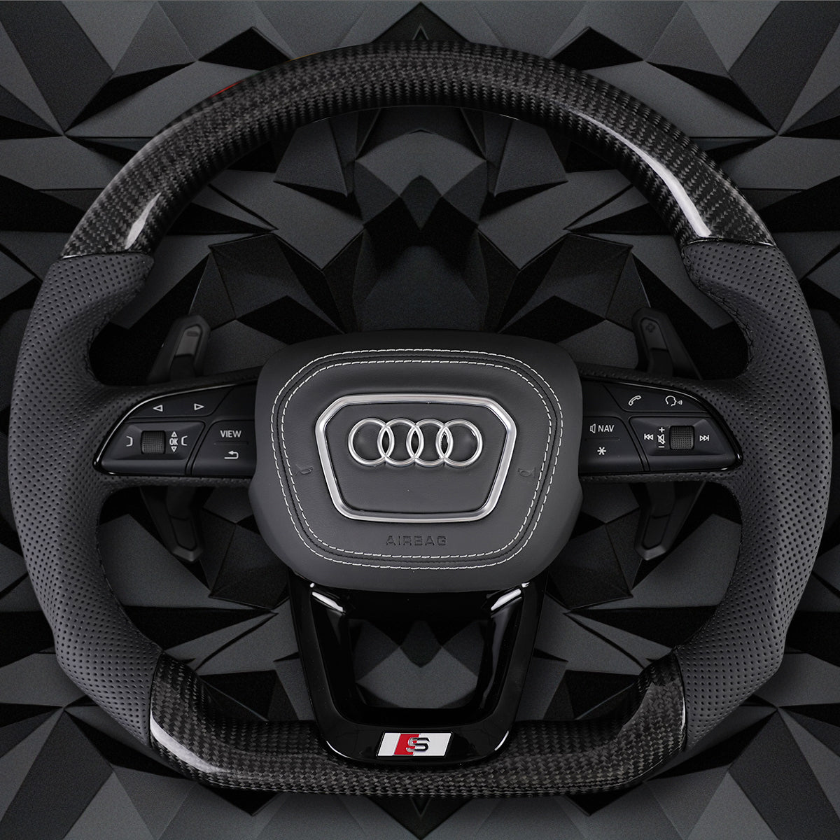 Carbon fiber leather semi perforated multifunctional flat bottomed sports steering wheel, suitable for Audi Q5 FY Q7