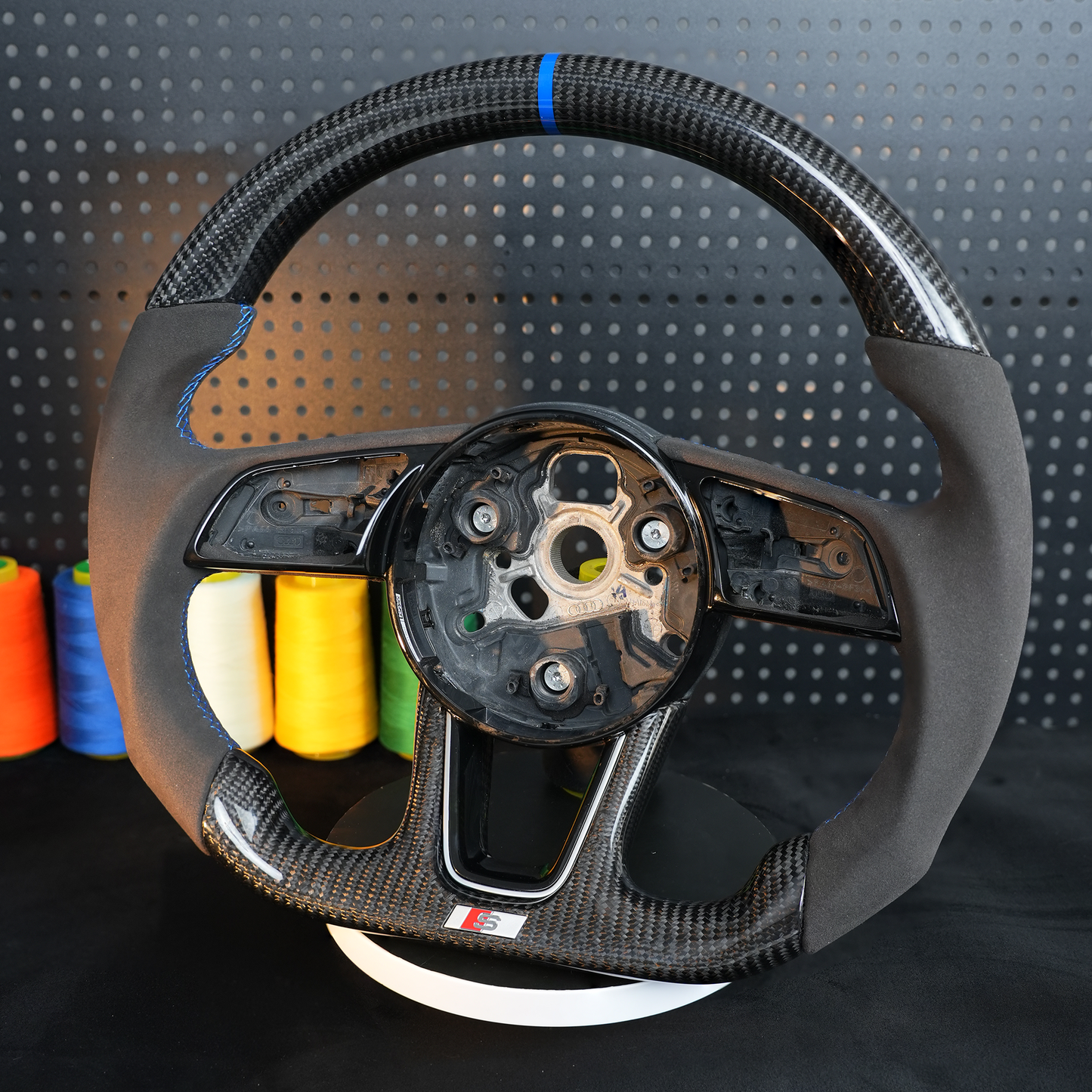 Carbon fiber semi suede leather blue logo steering wheel,for Audi A3 A4 B9 A5