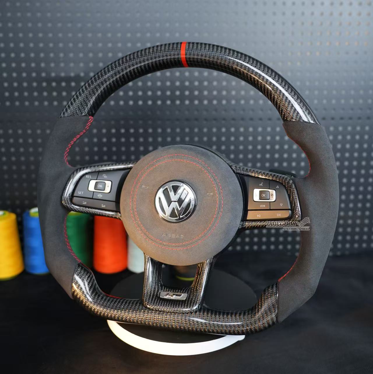 FOR VW Golf MK6 MK7 7.5 GTI R Polo Carbon Fiber Half Half Punched Hole Red Return Label RLINE Steering Wheel