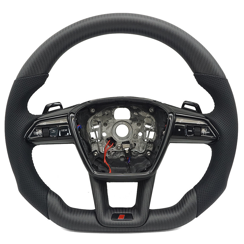 Carbon fiber semi perforated leather flat bottomed sports steering wheel with heating, suitable for Audi A6C8