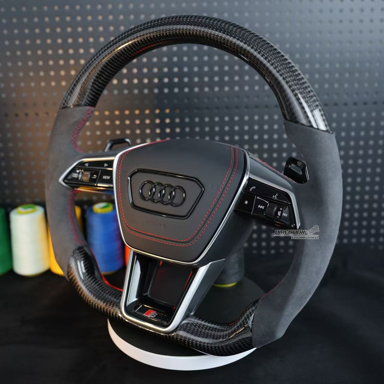 Carbon fiber leather semi perforated multifunctional flat bottomed sports steering wheel,for Audi A6 C8