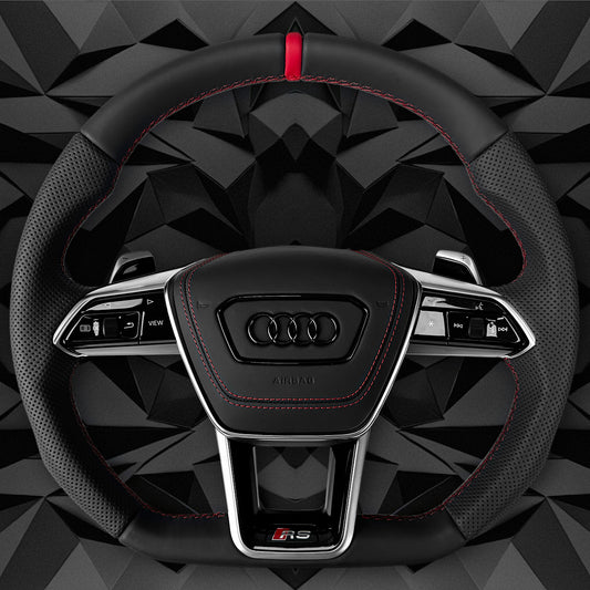 Half perforated leather red line multifunctional flat bottomed sports steering wheel assembly, suitable for Audi A6 C8